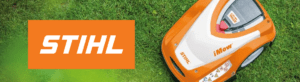 Stihl Robotic mower on grass with logo 